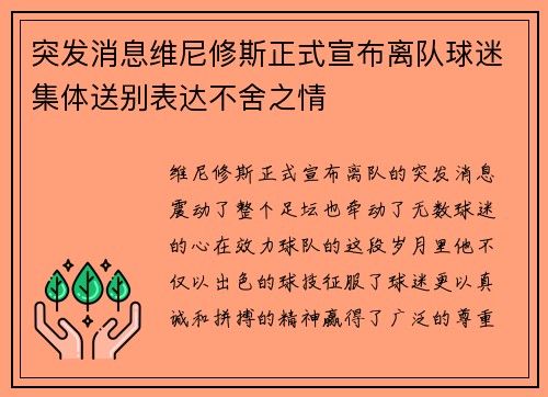 突发消息维尼修斯正式宣布离队球迷集体送别表达不舍之情